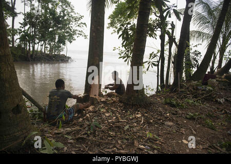 Naria, Shariatpur, au Bangladesh. 14Th Sep 2018. Deux hommes vu coin à côté d'arbres coupés pour les vendre comme bois de feu, les arbres se dissoudre dans la rivière Padma en raison de l'érosion de la rivière rapide.Effets du changement climatique sont très visuel dans un pays comme le Bangladesh. En l'an 2018, une rapide érosion de la rivière s'est passé autour des zones à côté de la rivière Padma. Beaucoup de personnes ont perdu leurs maisons, leurs terres et le mode de vie. Cette érosion de la rivière rapide fait de nombreux réfugiés climatiques. Credit : Ziaul Haque Oisharjh SOPA/Images/ZUMA/Alamy Fil Live News Banque D'Images