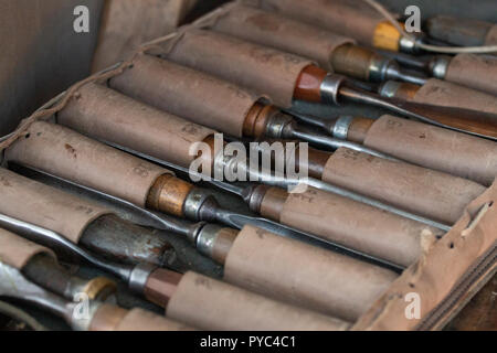 Vue rapprochée de l'atelier d'art pour le travail du bois. Banque D'Images