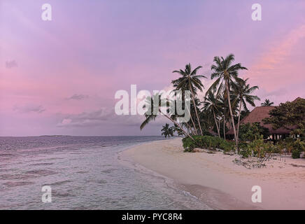 Coucher du soleil sur la plage de l'île de l'Atoll des Maldives. Banque D'Images