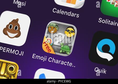 Londres, Royaume-Uni - 26 octobre 2018 : Gros plan sur les caractères Emoji et Smileys gratuitement l'icône de l'application de l'Organe Studios sur un iPhone Banque D'Images