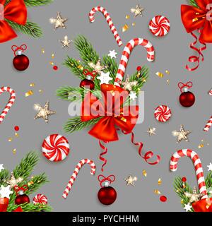 Maison de vacances d'hiver modèle homogène. Les symboles de Noël fond d'écran. Arbre de Noël, ruban, canne de Noël, étoiles, boules, flocons de décor répétitif Illustration de Vecteur