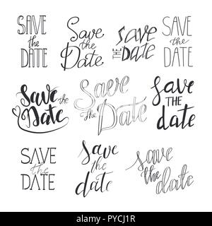 Enregistrer la date de lettrage dessiné à la main collection. Ensemble de variantes texte calligraphie pour les invitations isolé sur fond. Illustration de Vecteur