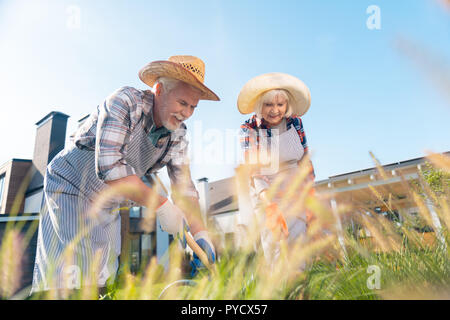 Gentil couple agréable de travailler ensemble dans le jardin Banque D'Images