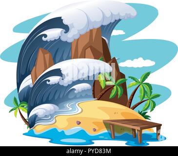 Tsunami sur l'illustration de la scène de l'île Illustration de Vecteur