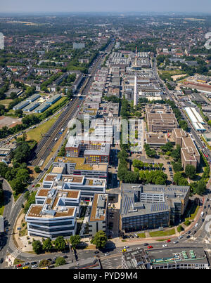 Vue aérienne, Europa Center Essen, immeuble de bureaux, bureaux de rédaction près de l'ETEC WAZ Essen, Ruhr, Rhénanie du Nord-Westphalie, Allemagne, DEU, Europe, bir Banque D'Images