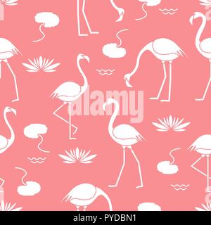 Modèle sans couture avec Flamingo, les fleurs et les feuilles des nénuphars. Conception pour poster ou imprimer. Illustration de Vecteur