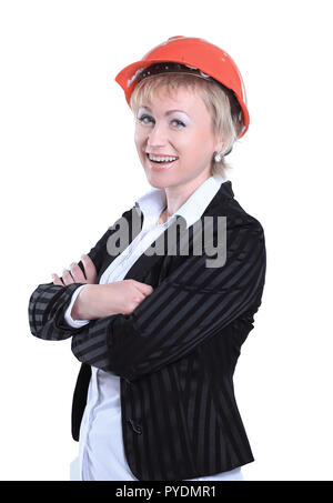 Female architect dans l'orange helmet.isolated on white Banque D'Images