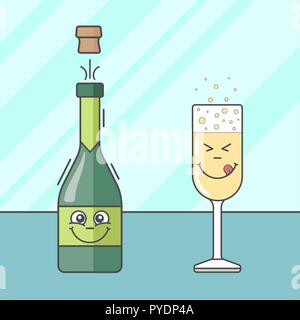 Cartoon bouteille de champagne et un verre. Bocal en verre avec bouchon. Avec de l'alcool boire Wineglass Illustration de Vecteur