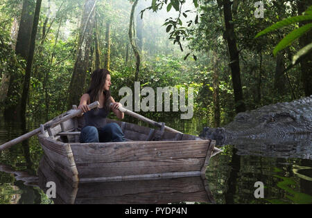 Crocodile géant attaque contre une femme sur le lac en bateau de ligne,3d illustration conceptual Banque D'Images