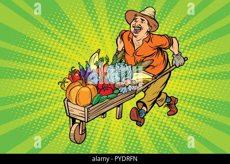 Chasse d'automne. agriculteur, homme avec une brouette en bois. Comic cartoon retro pop art dessin illustration vectorielle Illustration de Vecteur