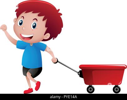 Happy boy pulling red wagon illustration Illustration de Vecteur