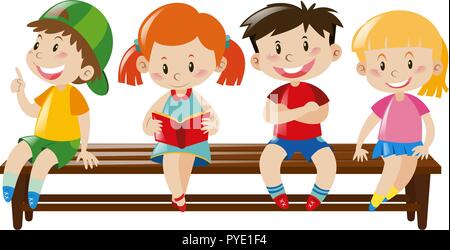 Quatre enfants assis sur le banc en bois, illustration Illustration de Vecteur