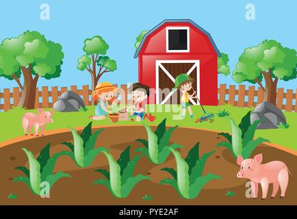 Scène De La Ferme Avec Les Enfants Plantation Tree Illustration Clip Art  Libres De Droits, Svg, Vecteurs Et Illustration. Image 66896018