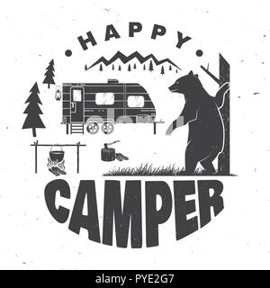 Campeur heureux. Vector illustration. Concept pour chemise ou d'un logo, d'impression, de timbres ou de pièce en t. Typographie vintage design avec remorque de camping, l'ours, de camp et de la forêt d'ossature. Illustration de Vecteur