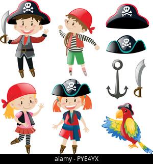 Les enfants en costume de pirate et parrot animal illustration Illustration de Vecteur