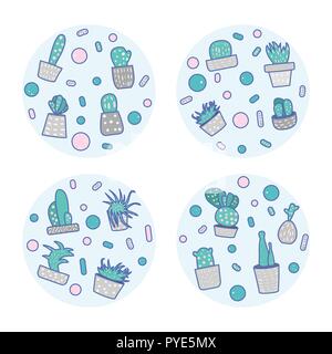 Vector design cactus ensemble de badges rond. Houseplant circle compositions dans doodle style. Illustration de Vecteur