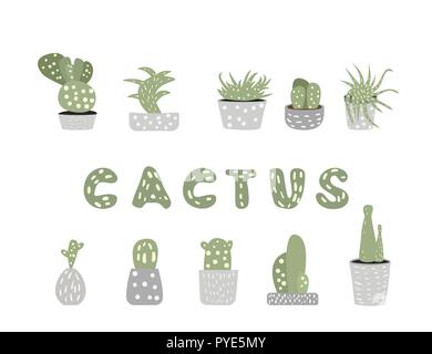 Ensemble de cactus isolé sur fond blanc. Collection de plantes style doodle. Vector illustration. Illustration de Vecteur