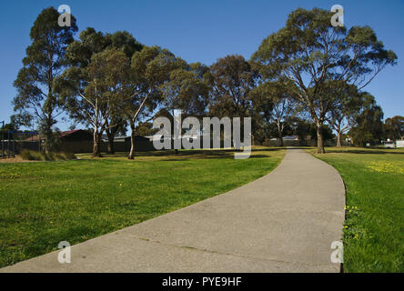 Sentier propre en parc public avec l'herbe verte, arbres et ciel bleu Banque D'Images