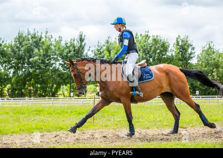 Saint Cyr du Doret, France - le 29 juillet 2016 : Cavalier sur son cheval au galop lors d'une manisfestation de cross-country Banque D'Images