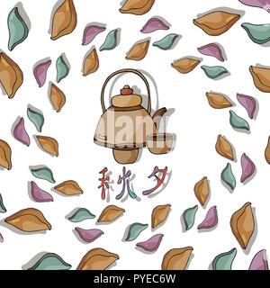 Modèle plat, icônes, Chuseok, symboles du festival de mi-automne coréen.Illustration d'aliments traditionnels, le costume et les feuilles d'automne. Illustration de Vecteur