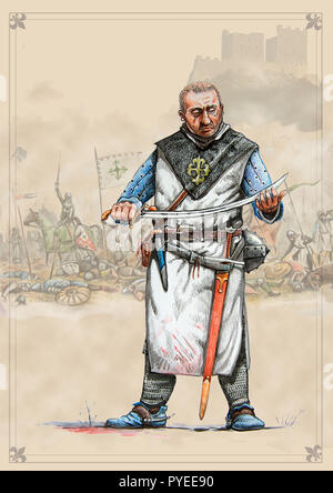 Chevalier de l'ordre d'Aviz, XIIIc. Illustration du chevalier médiéval. Croisader portugais après la bataille. Banque D'Images