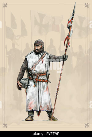 Illustration du chevalier Templier. Chevalier médiéval avec casque. Crusader avec lance. Banque D'Images