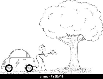 Caricature de l'homme à la mise en charge de la voiture électrique dans la nature Illustration de Vecteur