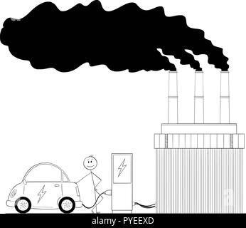 Caricature de l'homme voiture électrique de charge par le pouvoir à partir de la centrale de charbon Illustration de Vecteur