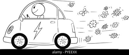 Caricature de l'homme heureux équitation voiture électrique, les fleurs sortent du véhicule. Illustration de Vecteur