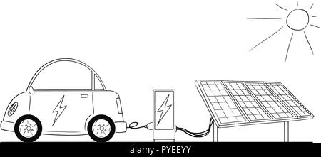 Caricature de voiture électrique à recharge par Station de charge solaire de puissance Illustration de Vecteur