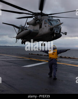 181025-N-AZ467-0124 Mer de Norvège (oct. 25, 2018) l'Aviation maître de Manœuvre (manutention) 3e classe Joley Vessell, un marin affecté à la classe Wasp-navire d'assaut amphibie USS Iwo Jima (DG 7), les signaux de l'atterrissage d'un CH-53E Sea Stallion hélicoptère sur le pont d'envol du navire le 25 octobre 2018. Iwo Jima est actuellement en cours participant au stade du Trident 2018, qui est un exercice de l'OTAN visant à certifier les forces de réaction de l'OTAN et de développer l'interopérabilité entre les alliés de l'OTAN et les pays partenaires. (U.S. Photo par marine Spécialiste de la communication de masse Apprenti matelot Travis Baley/Rele Banque D'Images