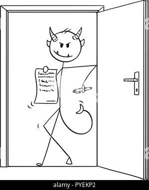 Caricature de Devil businessman standing in Door et offrant Contrat à signer Illustration de Vecteur