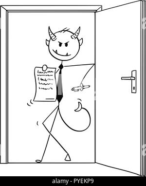 Caricature de Devil businessman standing in Door et offrant Contrat à signer Illustration de Vecteur