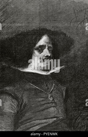 Diego de Silva Velázquez (1599-1660). Peintre baroque espagnol. Portrait autographe existant dans le musée de Valence. Dessin de F. Domingo après un portrait original. La gravure. La Ilustracion Española y Americana, 1876. Banque D'Images