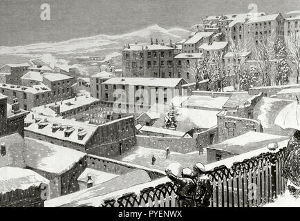 L'Espagne, Madrid. La chute de neige. Vue panoramique prise du viaduc à Ségovie street. La gravure. La Ilustracion Española y Americana. 22 janvier, 1876. Banque D'Images