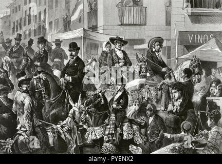 L'Espagne, Madrid. Dans la rue Hortaleza Romeria de la fête patronale de San Antonio Abad. La gravure. La Ilustracion Española y Americana. 22 janvier, 1876.
