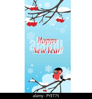 Croquis d'hiver sur l'arrière-plan de snowy red rowan branche avec bouvreuil. Échantillon de Noël et Nouvel an carte de voeux, affiche de fête ou invitations de partie. Cartoon Vector illustration close-up. Illustration de Vecteur