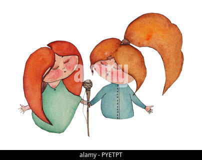 Aquarelle illustration de deux filles chant lumineux habillé sur shirts près d'un microphone. Handrawn illustration pour magazine, livre pour enfants, poster, carte, Banque D'Images