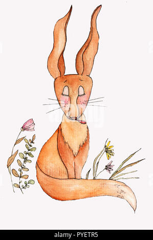 Funny cartoon orange fox avec forme des oreilles, langue et posent de détente. Illustration à l'aquarelle pour la conception d'enfant Banque D'Images