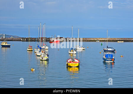 Un chalutier rouge vif revient à la maison à Brixham harbour passé le phare et d'un brise-lames avec une collection de yachts amarrés au premier plan. Banque D'Images