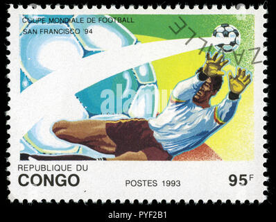 Timbre Cachet du Congo-Brazzaville dans la Coupe du Monde de football série émise en 1973 Banque D'Images