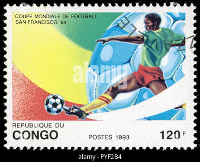 Timbre Cachet du Congo-Brazzaville dans la Coupe du Monde de football série émise en 1973 Banque D'Images