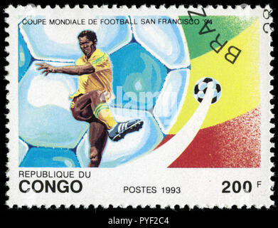 Timbre Cachet du Congo-Brazzaville dans la Coupe du Monde de football série émise en 1973 Banque D'Images