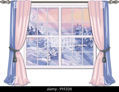 La fenêtre donnant sur le lever du soleil dans un champ neigeux en hiver isolé sur fond blanc. Le design intérieur maison de campagne de luxe. Vector illustration. Illustration de Vecteur