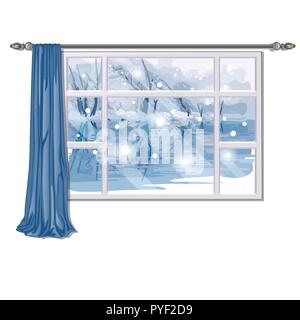 La fenêtre donnant sur la rivière de la forêt en hiver isolé sur fond blanc. Le design intérieur maison de campagne de luxe. Vector illustration. Illustration de Vecteur