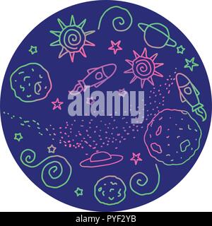 Doodle round signe. Espace de couleur lumineuse. Vector illustration. Planètes, OVNI, rocket, étoiles avec cercle bleu sticker isolé sur fond blanc. Illustration de Vecteur