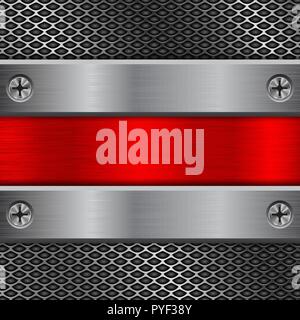 Fond perforé en métal brossé rouge avec plaque de fer et de vis Illustration de Vecteur