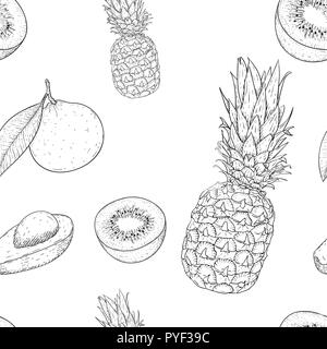 Modèle sans couture. Fruits Contours dessinés à la main, croquis Illustration de Vecteur