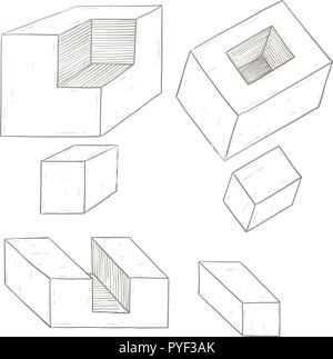 Les figures géométriques. Formes de cube. Croquis dessinés à la main, Illustration de Vecteur