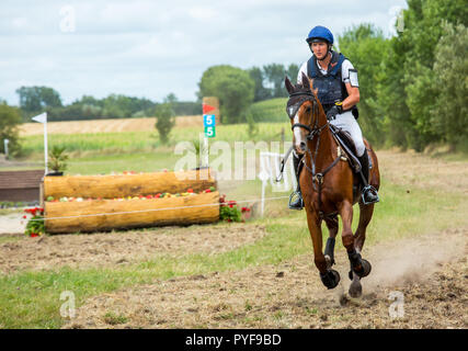 Saint Cyr du Doret, France - le 29 juillet 2016 : Cavalier sur son cheval au galop lors d'une manisfestation de cross-country Banque D'Images